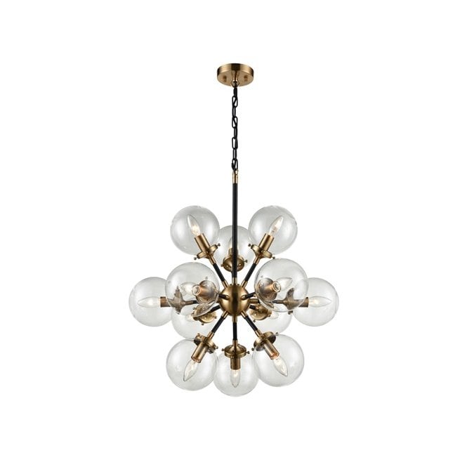 12 Light Ceiling Pendant In Matt Black And Antique Gold Finish With Clear Glass Globe Shades