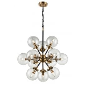 12 Light Ceiling Pendant In Matt Black And Antique Gold Finish With Clear Glass Globe Shades
