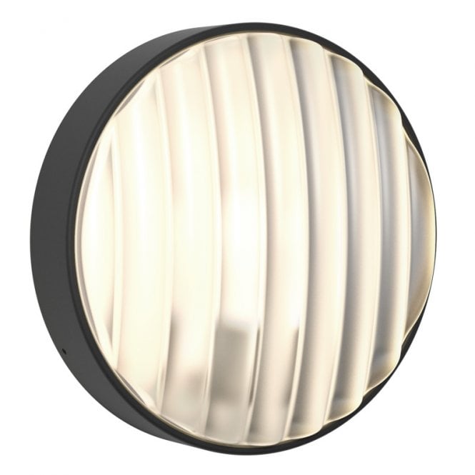 Astro  Montreal 300mm Round Single Light Outdoor Wall Fitting in Textured Black Finish with Ribbed Glass