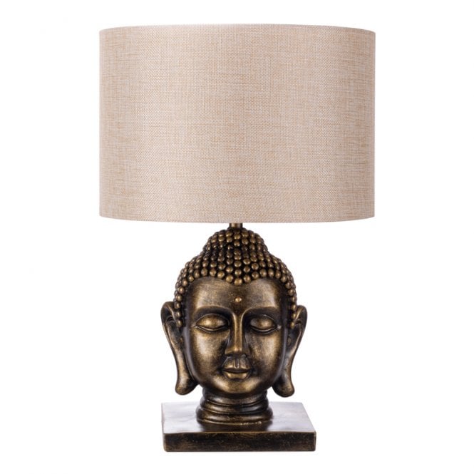 BHS Lighting BHS Buddha  Single Light Table Lamp In Gold Finish With Natural Shade