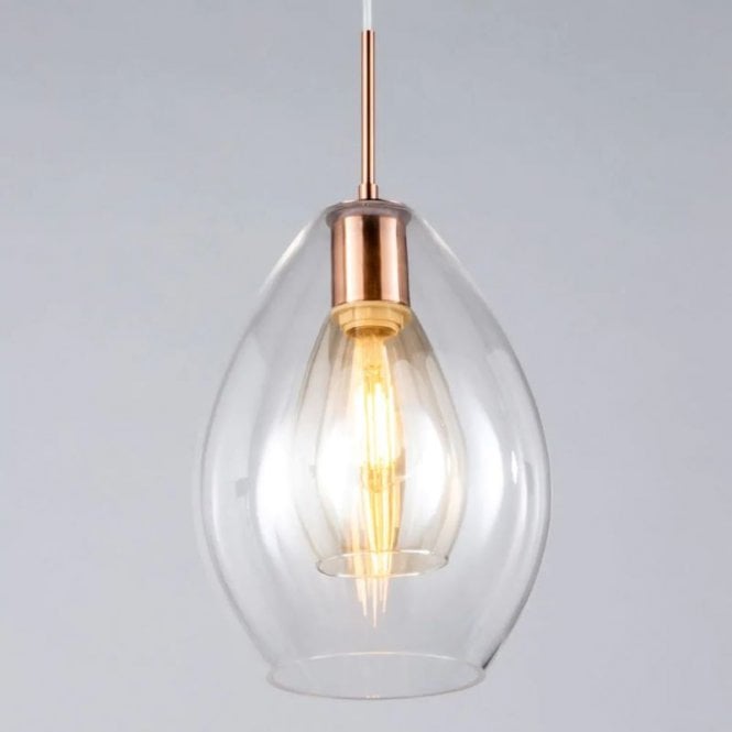 BHS Lighting BHS Carmella Single light Pendant In Copper Finish With Clear Glass
