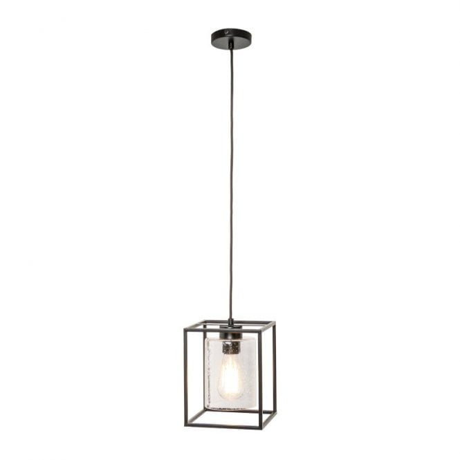 BHS Lighting BHS Hardy Single Light Cage Pendant In Black Finish With Bubble Glass