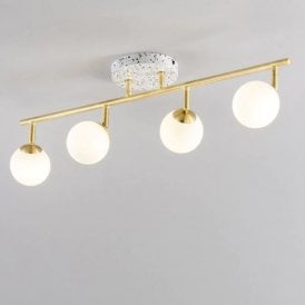 BHS Lott 3 Light Bar Spotlight Fitting In Satin Brass Finish With Opal Glass And Water Printed Terrazzo Plate