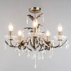 BHS Paisley 5 Light Semi Flush Chandelier In Antique Brass And Clear Finish