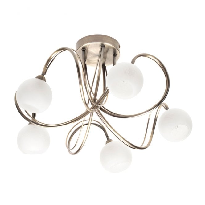BHS Lighting BHS Soni 5 Light Flush Ceiling Fitting In Antique Brass Finish With Frosted Glass