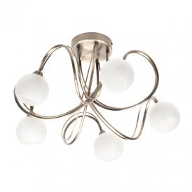BHS Soni 5 Light Flush Ceiling Fitting In Antique Brass Finish With Frosted Glass