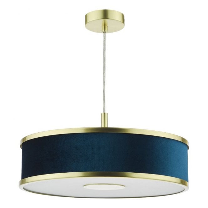 Dar Lighting Dar Alvaro 3 Light Ceiling Pendant Light In Brushed Brass with Blue Shade