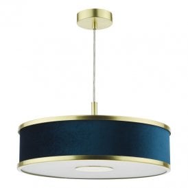 Dar Alvaro 3 Light Ceiling Pendant Light In Brushed Brass with Blue Shade