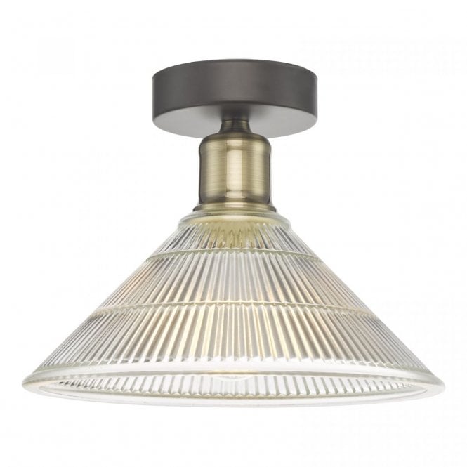 Dar Lighting Dar Boyd Single Light Flush Ceiling Fitting in Black and Antique Brass Finish with Glass Shade