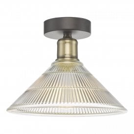 Dar Boyd Single Light Flush Ceiling Fitting in Black and Antique Brass Finish with Glass Shade