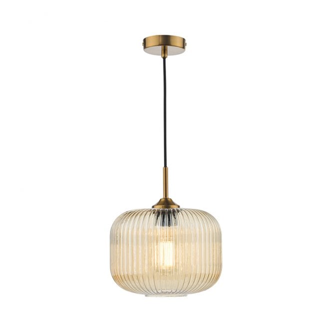 Dar Lighting Dar Demarius Ceiling Pendant Light In Natural Brass Finish With Amber Glass