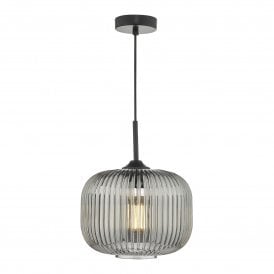 Dar Demarius Single Light Ceiling Pendant in Smoked Mirrored Glass and Matt Black Finish