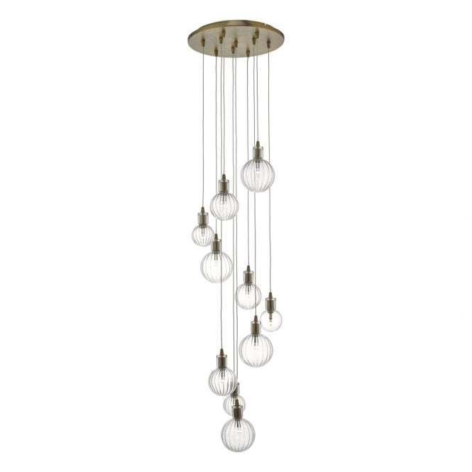 Dar Lighting Dar Dita 10 Light Cluster Ceiling Pendant In Warm Brass Finish With Ribbed Glass Shade
