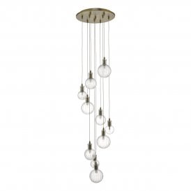 Dar Dita 10 Light Cluster Ceiling Pendant In Warm Brass Finish With Ribbed Glass Shade