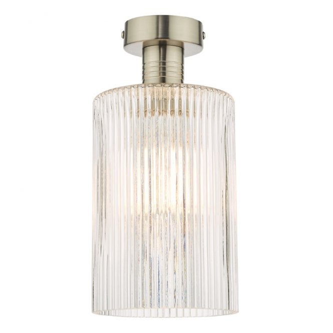 Dar Lighting Dar Emerson Single Light Semi Flush Fitting In Antique Chrome Finish With Cylinder Ribbed Glass