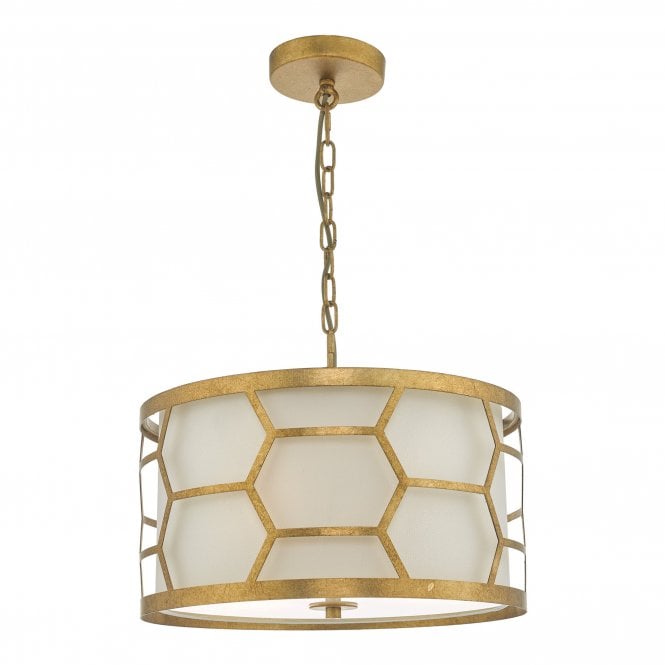 Dar Lighting Dar Epstein 3 Light Ceiling Pendant In Gold Leaf Finish With Ivory Linen Shade And Frosted Glass Diffuser