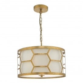 Dar Epstein 3 Light Ceiling Pendant In Gold Leaf Finish With Ivory Linen Shade And Frosted Glass Diffuser