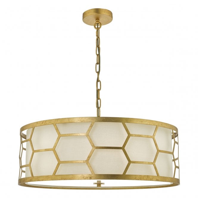 Dar Lighting Dar Epstein 4 Light Ceiling Pendant In Gold Leaf Finnish With Ivory Linen Shade And Frosted Glass Diffuser