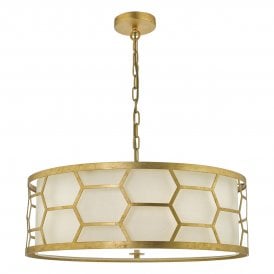 Dar Epstein 4 Light Ceiling Pendant In Gold Leaf Finnish With Ivory Linen Shade And Frosted Glass Diffuser