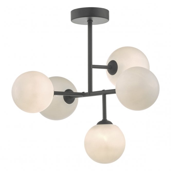 Dar Lighting Dar Euan 5 Light Semi Flush Ceiling Fitting In Black Finish With opal Glass Shades