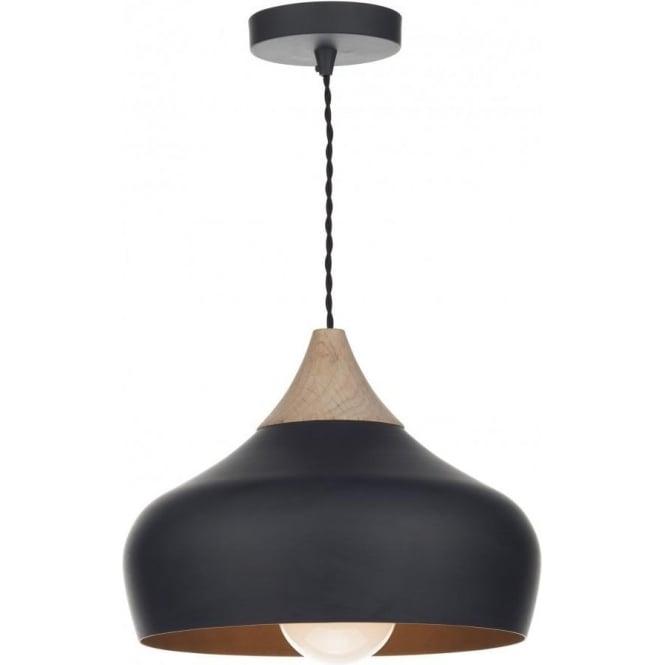 Dar Lighting Dar Gaucho Single Light Ceiling Pendant in a Matt Black Finish with Wood Detail