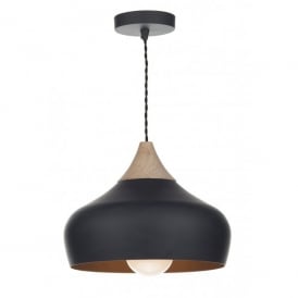 Dar Gaucho Single Light Ceiling Pendant in a Matt Black Finish with Wood Detail
