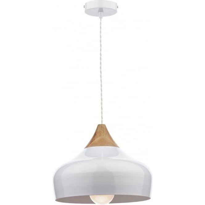 Dar Lighting Dar Gaucho Single Light Ceiling Pendant in a Satin White Finish with Wood Detail