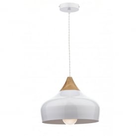 Dar Gaucho Single Light Ceiling Pendant in a Satin White Finish with Wood Detail