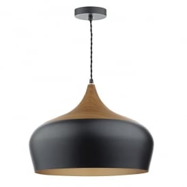 Dar Gaucho Single Light Large Ceiling Pendant In Black Finish With Wood Effect Detail