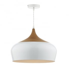Dar Gaucho Single Light Large Ceiling Pendant in Glossy White with with Wood Detail
