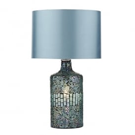 Dar Guru Dual Light Table Lamp in Blue Mosaic Finish with Blue Faux Silk Drum Shade