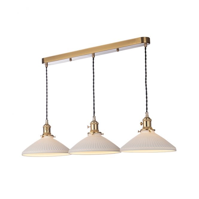 Dar Lighting Dar Hadano 3 Light Bar Ceiling Pendant Light In Natural Brass Finish With Ceramic Shades
