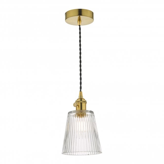 Dar Lighting Dar Hadano Single Light Ceiling Pendant in Natural Brass Finish Complete with Glass Shade