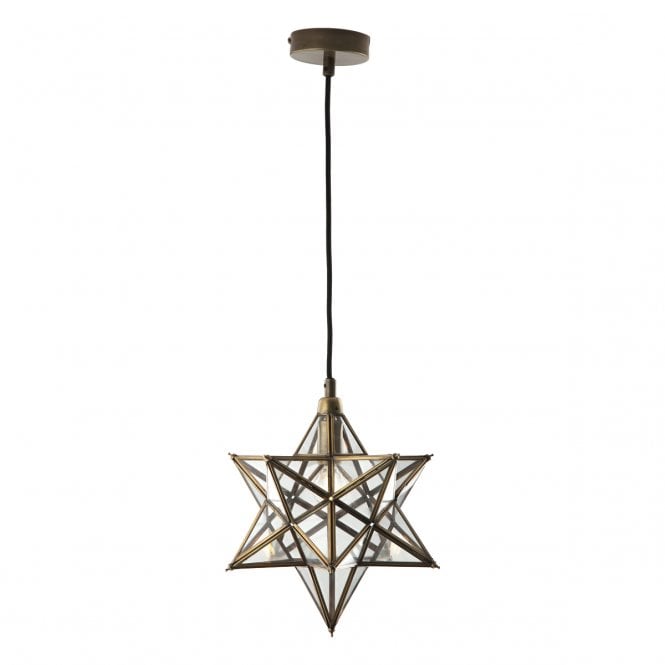 Dar Lighting Dar Ilario Single Light Ceiling Pendant In Antique Brass Finish With Glass Panelled Star Pendant Shade