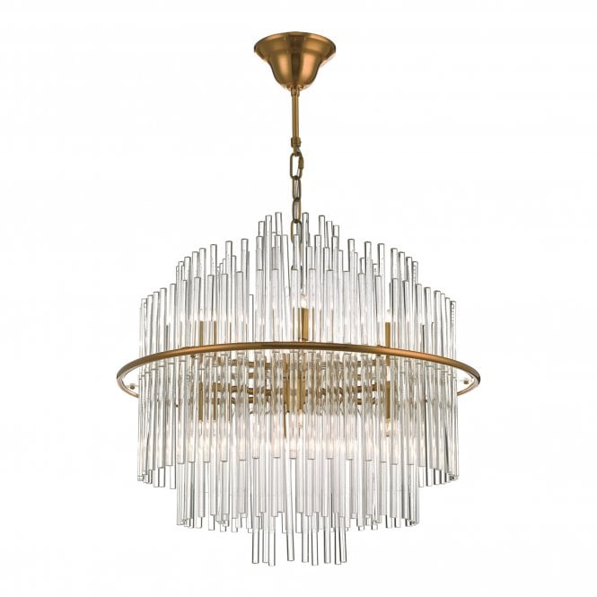 Dar Lighting Dar Lukas 13 Light Ceiling Pendant In Antique Gold Finish With Clear Glass Rods