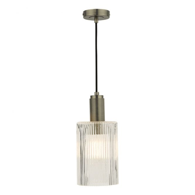 Dar Lighting Dar Nikolas Single Light Cylinder Ribbed Glass Ceiling Pendant In Antique Chrome Finish