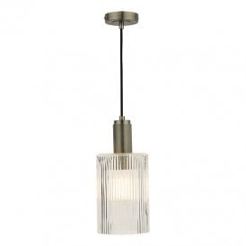 Dar Nikolas Single Light Cylinder Ribbed Glass Ceiling Pendant In Antique Chrome Finish