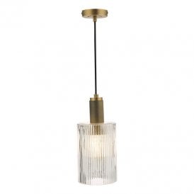 Dar Nikolas Single Light Cylinder Ribbed Glass Ceiling Pendant In Natural Brass Finish