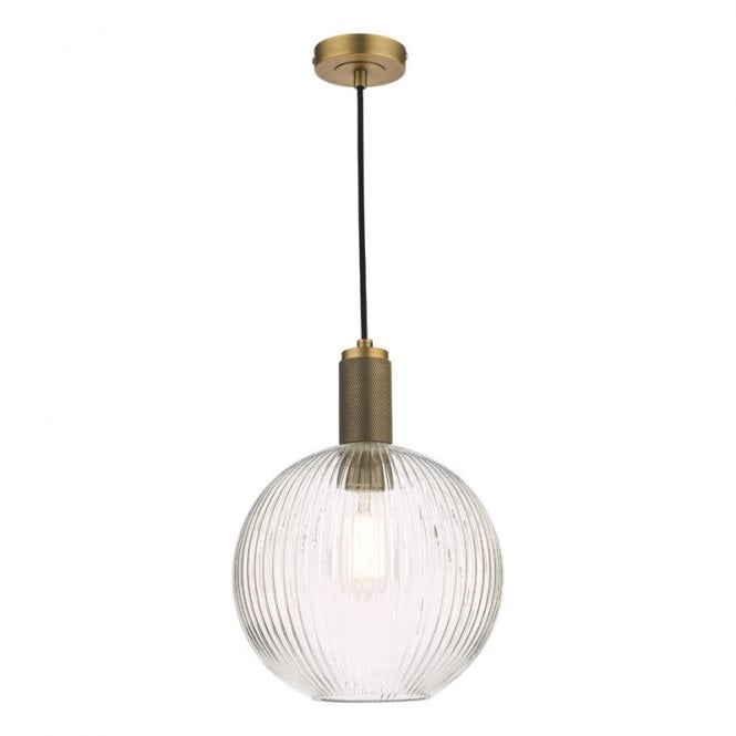 Dar Lighting Dar Nikolas Single Light Round Ribbed Glass Ceiling Pendant In Natural Brass Finish