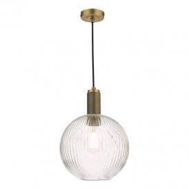 Dar Nikolas Single Light Round Ribbed Glass Ceiling Pendant In Natural Brass Finish
