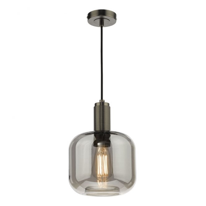 Dar Lighting Dar Nikolas Single Light Smoked Glass Ceiling Pendant In Antique Chrome Finish