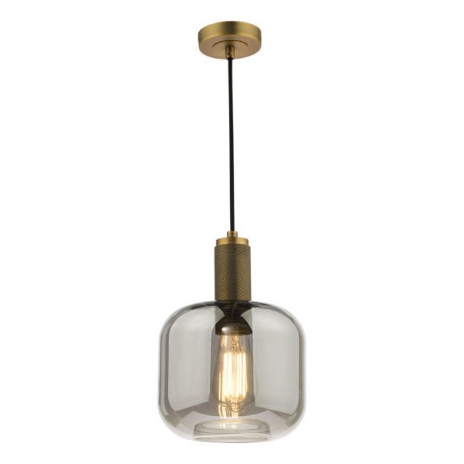 Dar Lighting Dar Nikolas Single Light Smoked Glass Ceiling Pendant In Natural Brass Finish