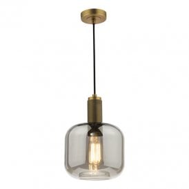 Dar Nikolas Single Light Smoked Glass Ceiling Pendant In Natural Brass Finish
