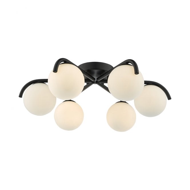 Dar Lighting Dar Orlena 6 Light Flush Ceiling Light In Matt Black finish With White Glass