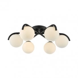 Dar Orlena 6 Light Flush Ceiling Light In Matt Black finish With White Glass
