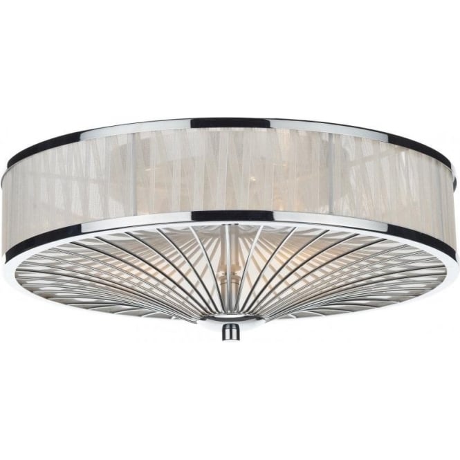 Dar Lighting Dar Oslo 3 Light Flush Ceiling Fitting in Polished Chrome with Ivory Ribbon