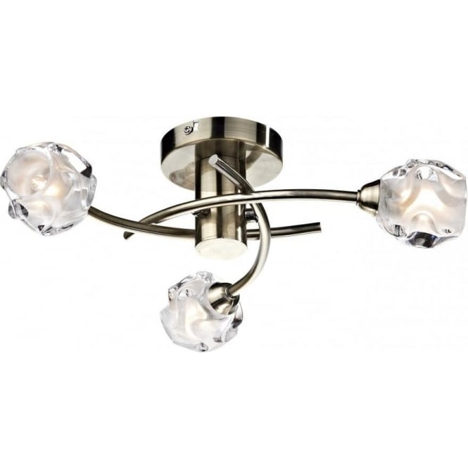 Dar Lighting Dar Seattle 3 Light Semi-Flush Ceiling Fitting in Antique Brass with Glass Shades