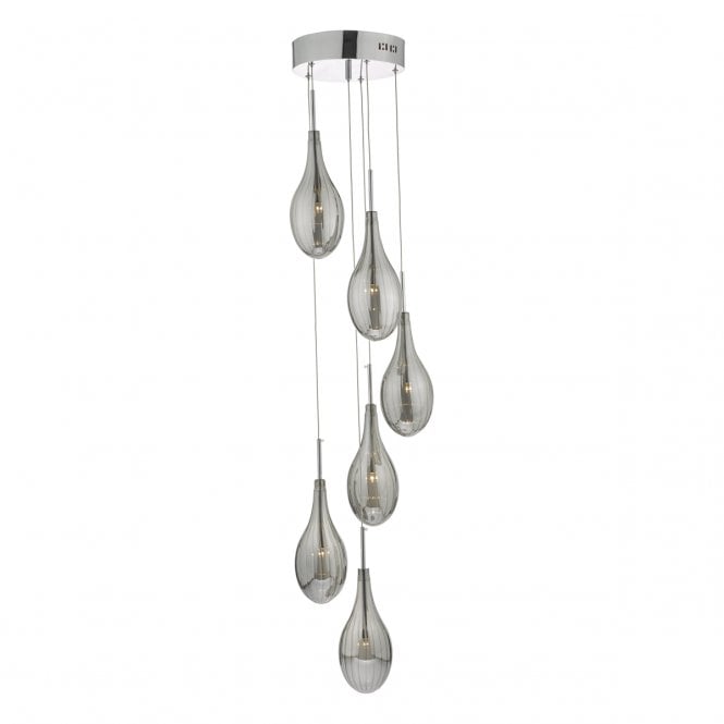 Dar Lighting Dar Seta 6 Light Cluster Ceiling Pendant In Polished Chrome Finish With Smoked Glass Shades