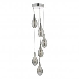 Dar Seta 6 Light Cluster Ceiling Pendant In Polished Chrome Finish With Smoked Glass Shades