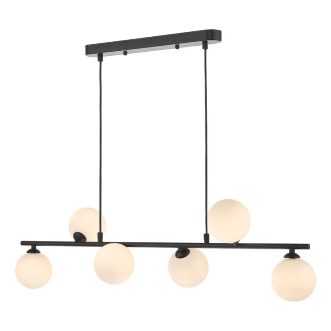 Dar Lighting Dar Spiral 6 Light Bar Pendant In Matt Black Finish With Opal Glass